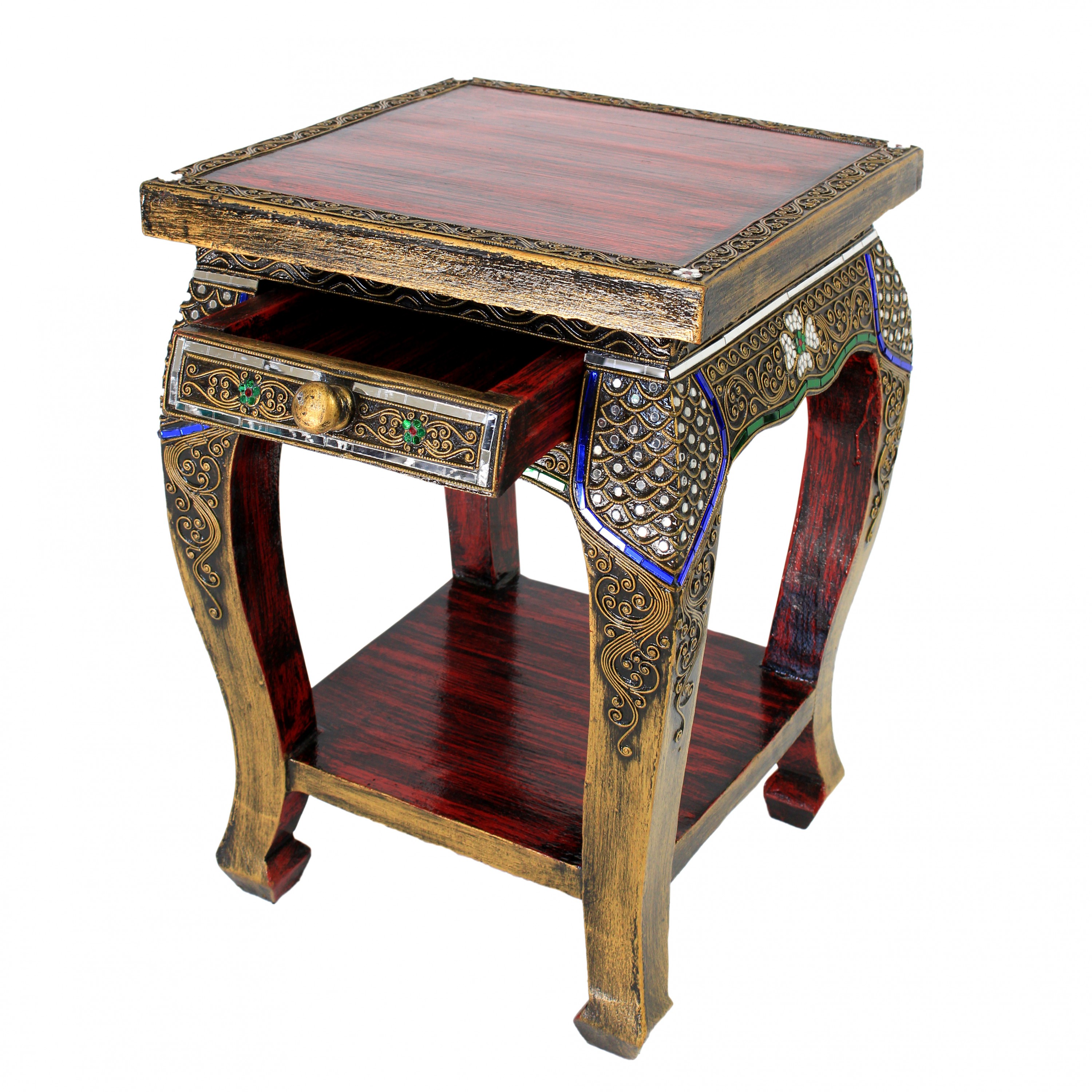 Nachttisch Hocker Beistelltisch Ablage Opiumtisch Holz Spiegelsteine